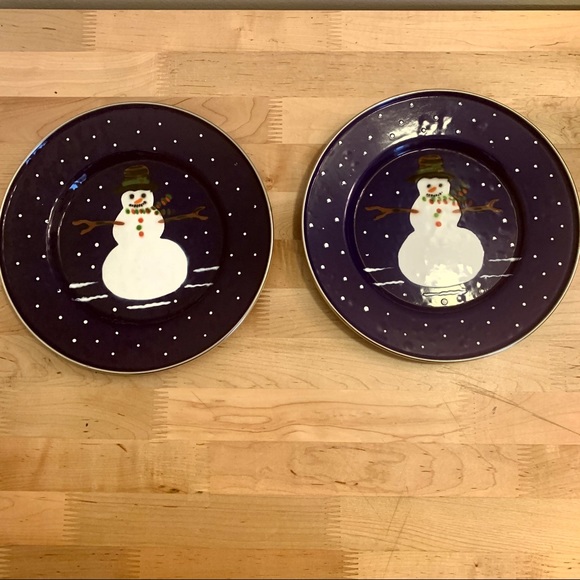 Vintage Denise Harvey Blue Enamel Snowman Christmas Dishes 4 Bowls & 2 Plates - Picture 3 of 11